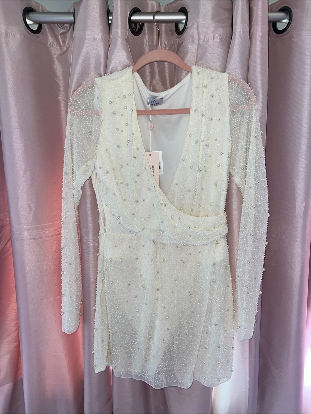 Oh Polly Cream Beaded Wrap Mini Dress